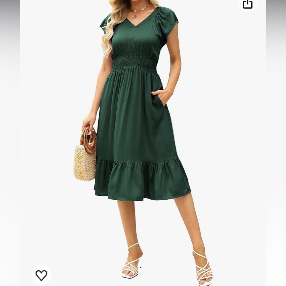 Like New - Women’s Green V-Neck Smocked MIDI Dress w/Pockets - Size XL
